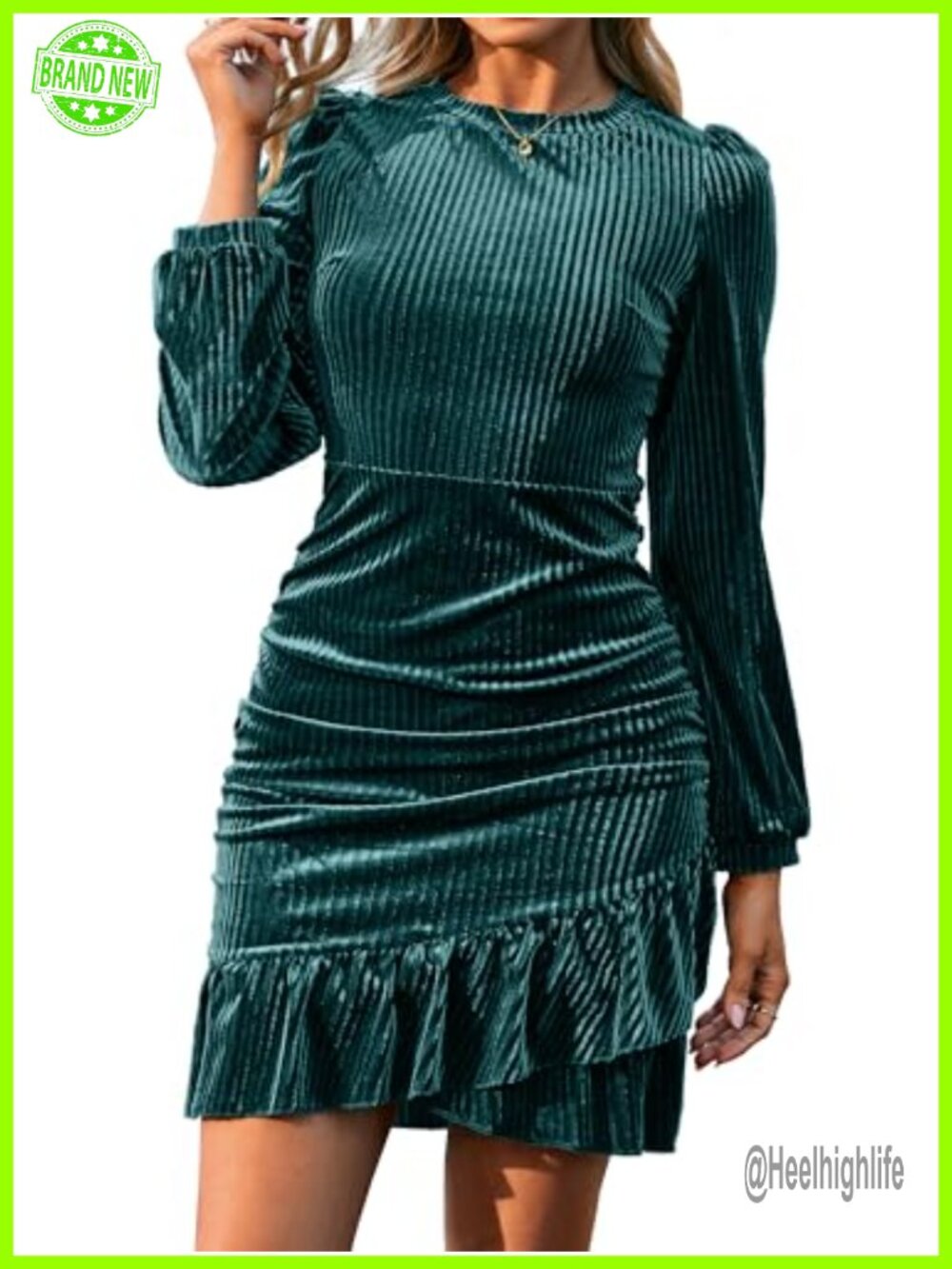 Velvet Bodycon Mini Dress Long Sleeve Ruffle Hem Cocktail Party